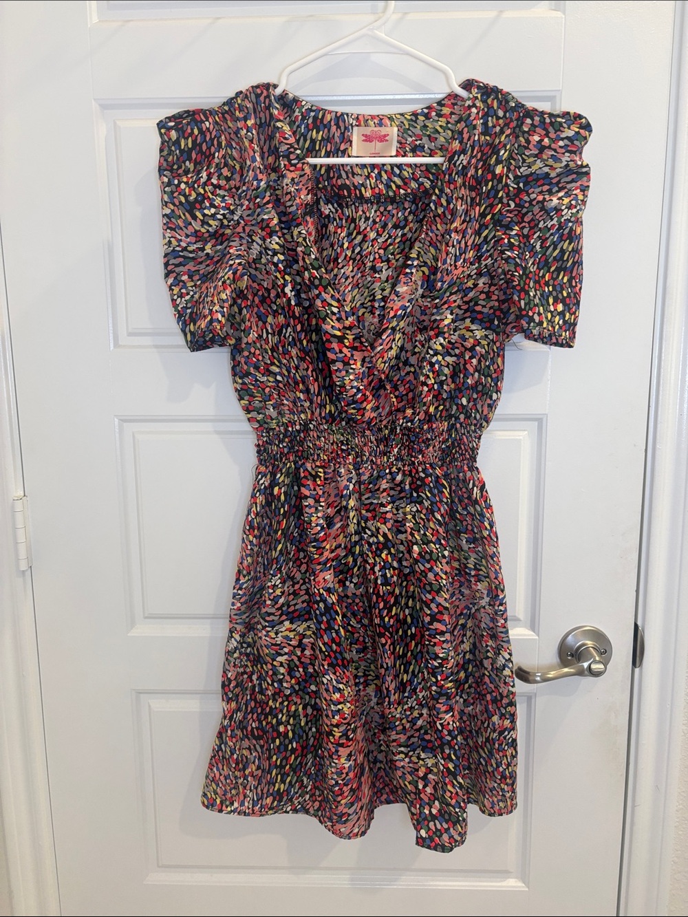 Orion London M/L Multicolor Abstract Puff Sleeve Smocked Waist Mini Dress